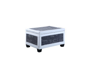 19"in OLD WORLD BLUE/WHITE BONDED LEATHER ACCENT TRIM STORAGE OTTOMAN w/ 2 SEATING