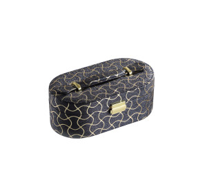 3.5" in BLACK LEATHER w/ GOLD SWIRL PIPING JEWELRY CASE w/ MIRROR TRAVEL CASE
