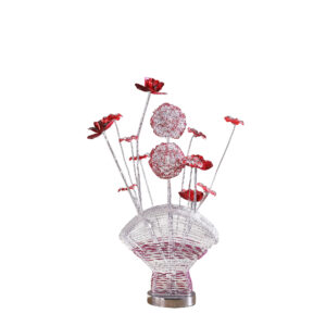 21.5" H 3 G4 LED ALUMINUM 4 RED ROSES 6 PETAL FLORAL 2 RED/SILVER FLOWER BUD ON A FAN ALUMINUM VASE TABLE LAMP