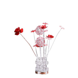 20.75" H 3 G4 LED ALUMINUM 4 RED ROSES 6 PETAL FLORAL 2 RED/SILVER FLOWER BUD ON A 4 SQUARED MODERN HEZAGONA CHROME VASE TABLE LAMP